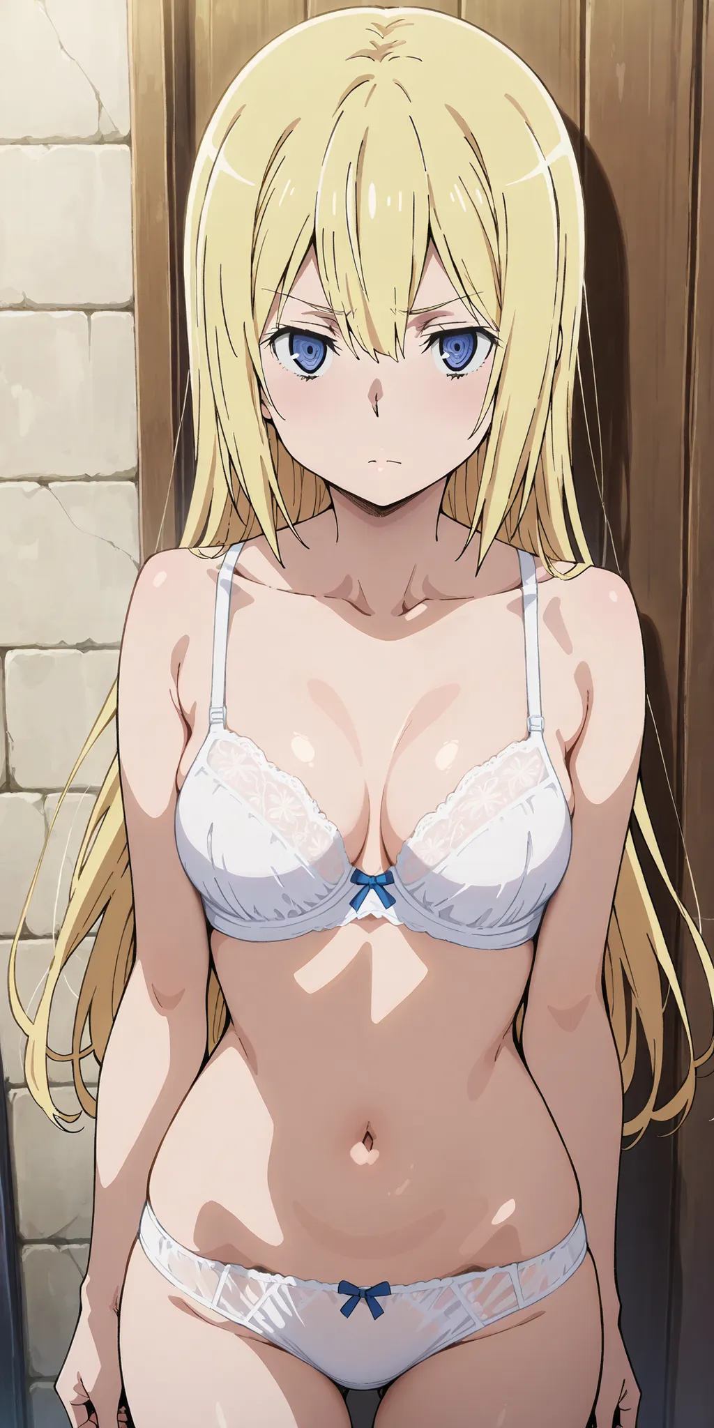 high resolution picture, masterpiece, best quality, amaging quality,　Ais Wallenstein、　1 girl、, eft_danmachi_behind, Alone,, medium breasts, hair between eyes, closed mouth, looking at viewer, collarbone、white underwear、Narrow eyes