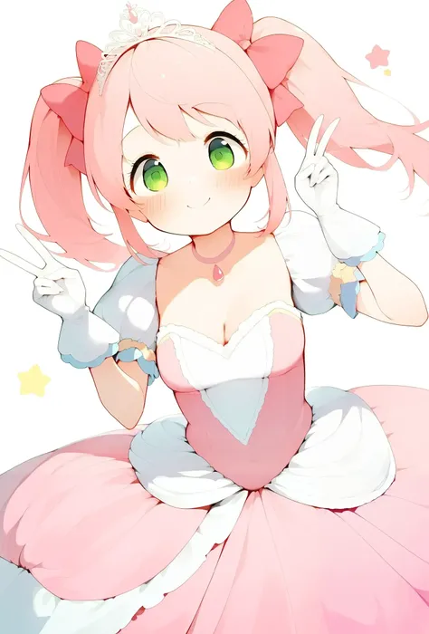 1girl, solo, {{{Makana}}}, (masterpiece:1.2), (best quality:1.2), (high quality:1.2), {{{green eyes}}}, {{{pink hair}}}, {{{twintails}}}, {{{red bow}}}, {{{hair bow}}},  {{{medium breasts}}}, {{{tareme}}}, {{{smile}}}, (accurate), {{{princess costume}}}, {...