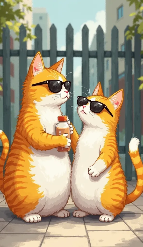 the two cat is meeting each other . a left cat is holding milk tea bottle   while talking and the view is returning from the market. right cat is kissing style .Background is in front of the fence of the building. the two cat has big tummy and wearing sung...