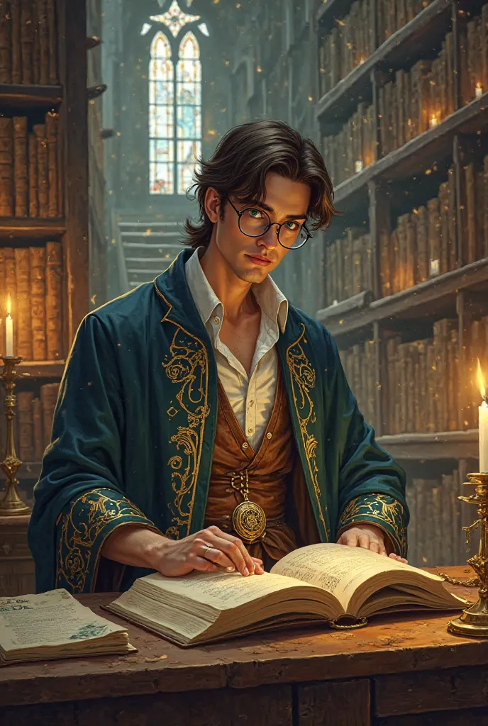 [Main Subject - Character Focus]  
- **Lucian**, a **32-year-old scholar** with **deep-set, piercing emerald-green eyes**, framed by **thin, rectangular gold-rimmed glasses** that reflect the candlelight.  
- His **sharp, well-defined jawline** and **sligh...