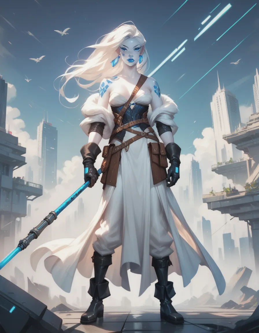 Jarael, alabaster white skin, blue tattoos, facial mark, blue lips, loose robes, gloves, boots, holding a shockstaff with both hands, standing in a scrapyard at the edge of a futuristic city