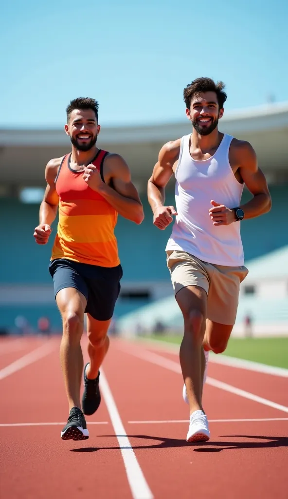 Jesus and a competitor with features reminiscent of Lula participate in a friendly race on a professional outdoor track. The competitor sports a distinctive look with a warm smile and determined gaze, dressed in a vibrant athletic top and modern shorts pai...