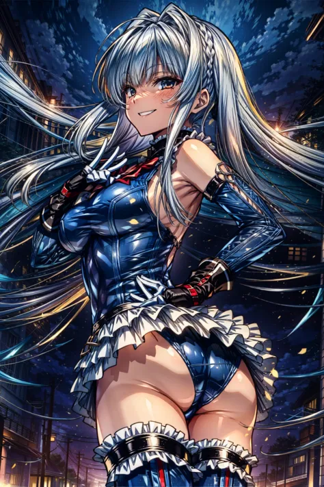    score_9, score_8_up  , score_7_up  , score_6_up  , perfect anatomy, best quality, ,   A malicious smile that scratches my butt,Provocative attitude,   done ,
,(  long hair :1.4),      Evil Smiles      ,    anime style ,( Frilled swimsuit,   thighs, slee...