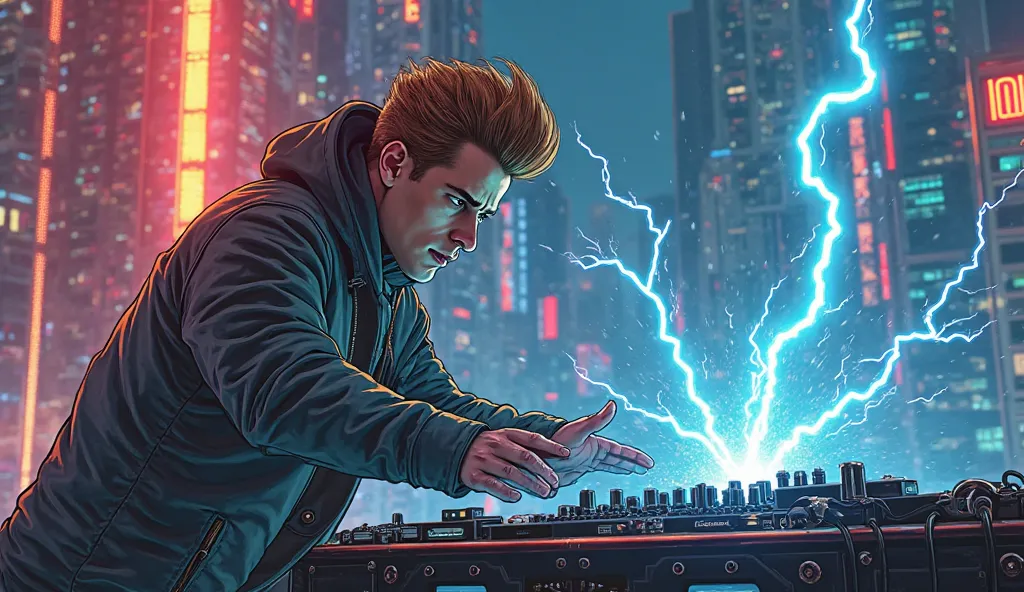 Realistic style, Master Parts, Best Quality, 8K, art stations, foco nítido, Ultra-realistic, high details, tintin playing dj, while using his lightning, neon, cyberpunk