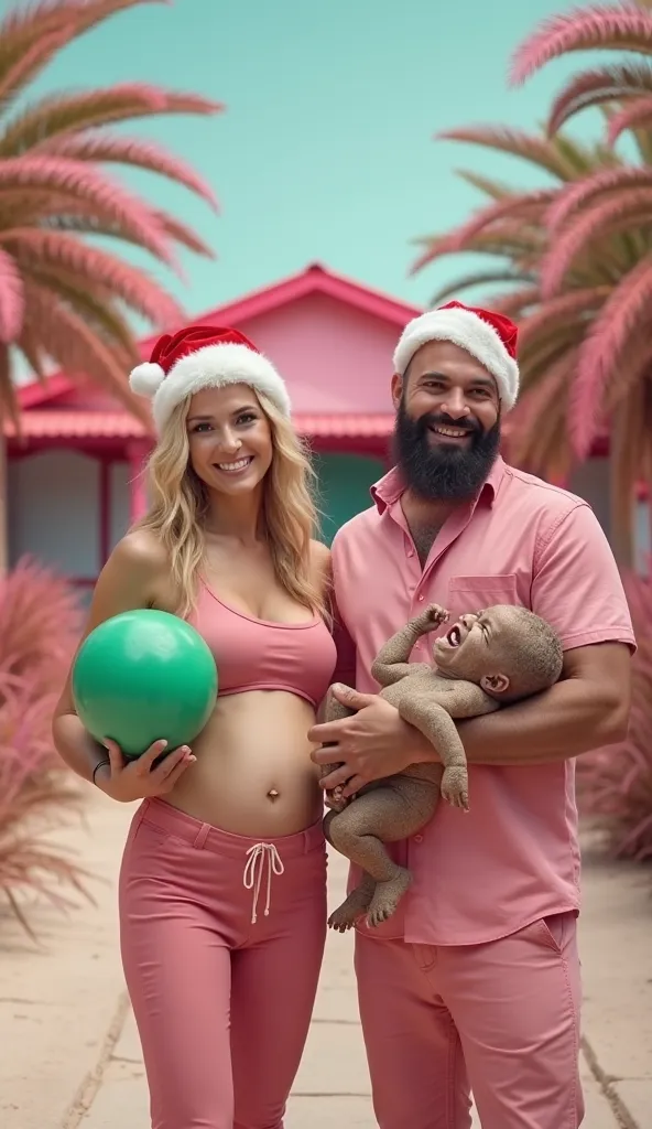 A family in a tropical fantasy setting, with pink palm trees and a house of bright tones in the background. The blond woman and the bearded man, Do you wear a Christmas hat, both wearing pink, smile in an exaggerated way. The woman holds a large green ball...