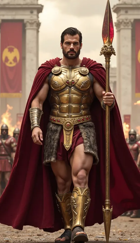 Henry Cavill reimagined as a majestic Roman god Mars walking and holding massive golden spear、dramatic atmosphere, 1 male、
Short, battle-swept dark hair, crowned with a golden war laurel, sculpted with flaming rubies, eagles, and battle scenes. Piercing bl...