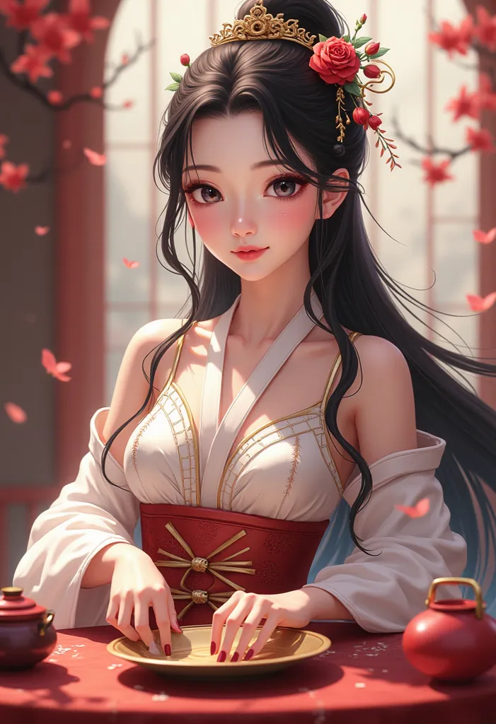 Anime girl sitting on table，There were flowers and a teapot, Palace ， A girl in Hanfu, By Yang J, G Liulian art style, Guviz-style artwork, ((a beautiful fantasy empress)), Onmyoji detailed art, Beautiful character painting, drank, 8K high quality detailed...