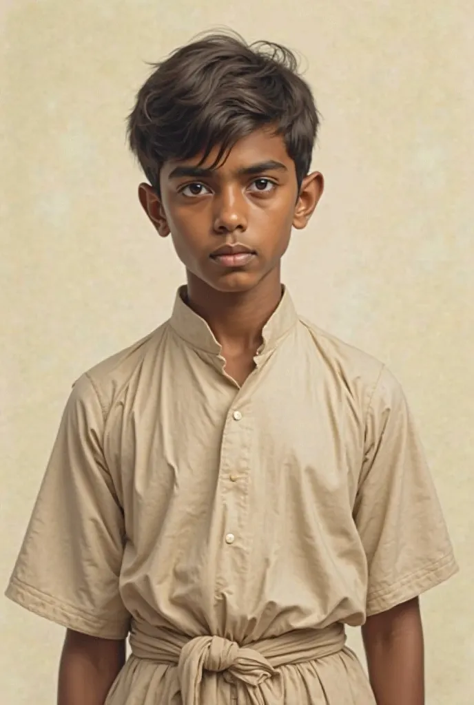 "A realistic portrait of Khudiram Bose, the young Indian revolutionary. He is around 18 years old, with sharp features, deep and determined eyes, and neatly combed hair. He is wearing traditional Indian attire, a simple dhoti and kurta. His expression is f...