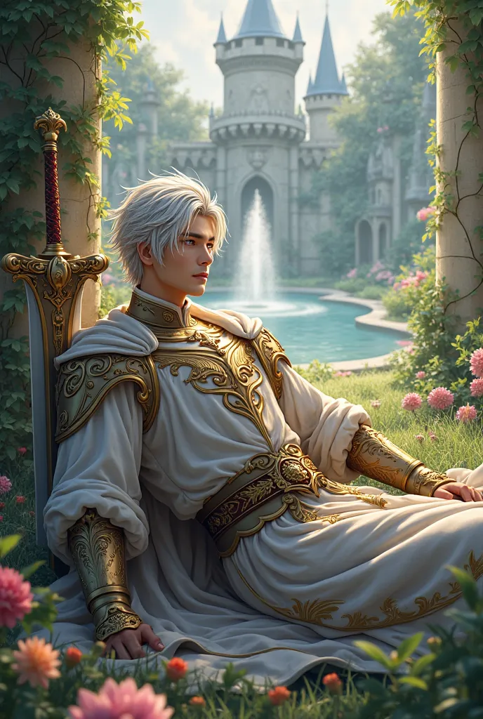 Anime prince human wear medieval warrior suit white hair gold eyes hold excalibur sleep rest in the garden at castle 



