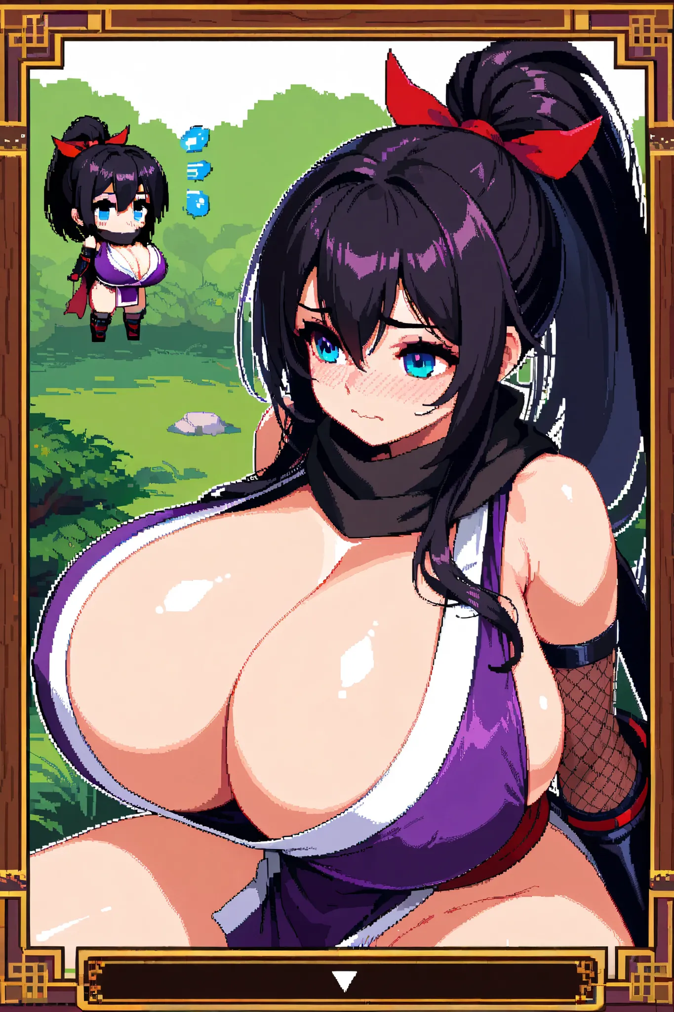 pixel art ,gigantic breasts,cleavage,1girl,ninja   , game,embarrassed,clothing aside, hair over breasts,