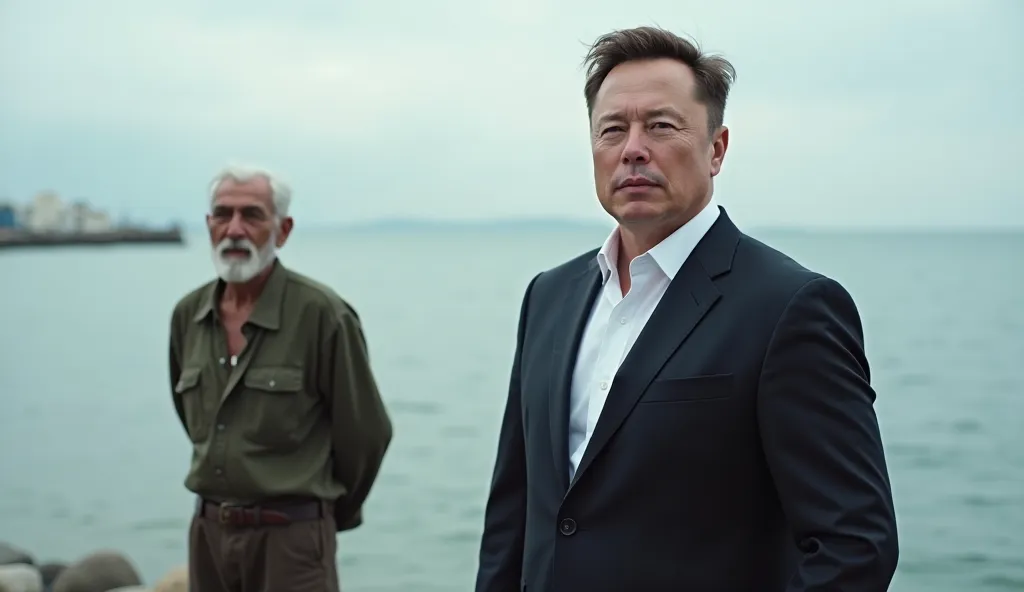 The photo shows Elon Musk and a poor man on the waterfront