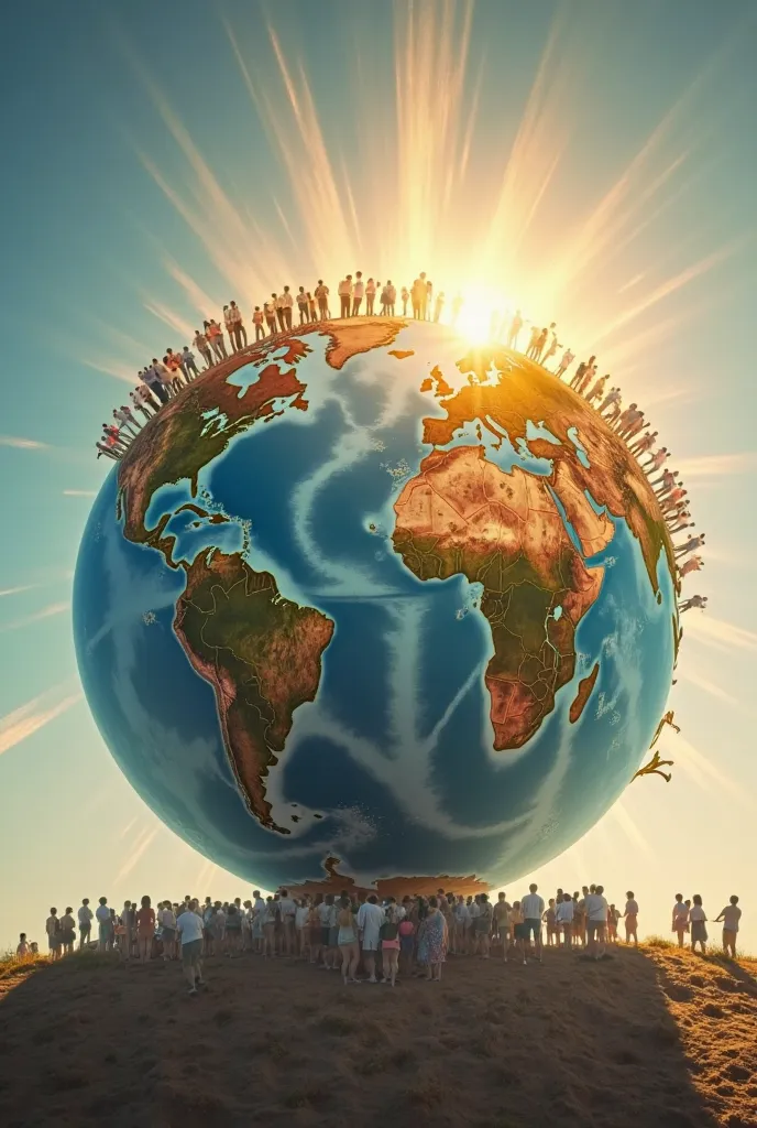 A globe illuminated by sunbeams that extend from the United States to Sweden and Argentina. About each country there is a small group of people gathered, representing the expansion of study circles.  The background is a clear sky , symbolizing the universa...