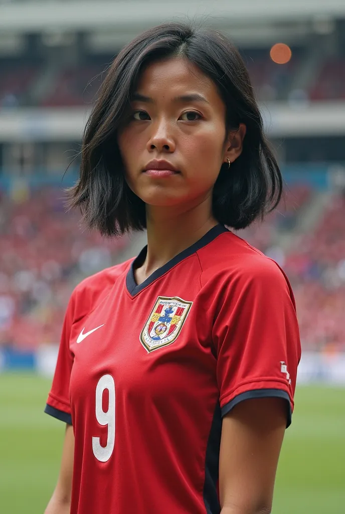 "A portrait of a woman with shoulder-length short black hair, wearing the Indonesian national football team jersey. The jersey has the number 9 and the name 'Nabilla' printed on the back. She has a confident and determined expression, standing in a stadium...