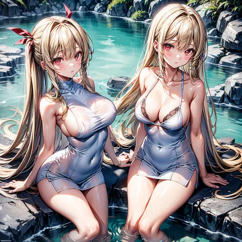  masterpiece,is the best quality,high resolution,Perfect light and shadow,8k wallpaper,illustration, ray tracing,a cute girl,blonde hair,long straight hair,red eyes,Hot Springs,Hot Springs被石头包围,Full of steam,snow,I'm not wearing clothes but my body is surr...