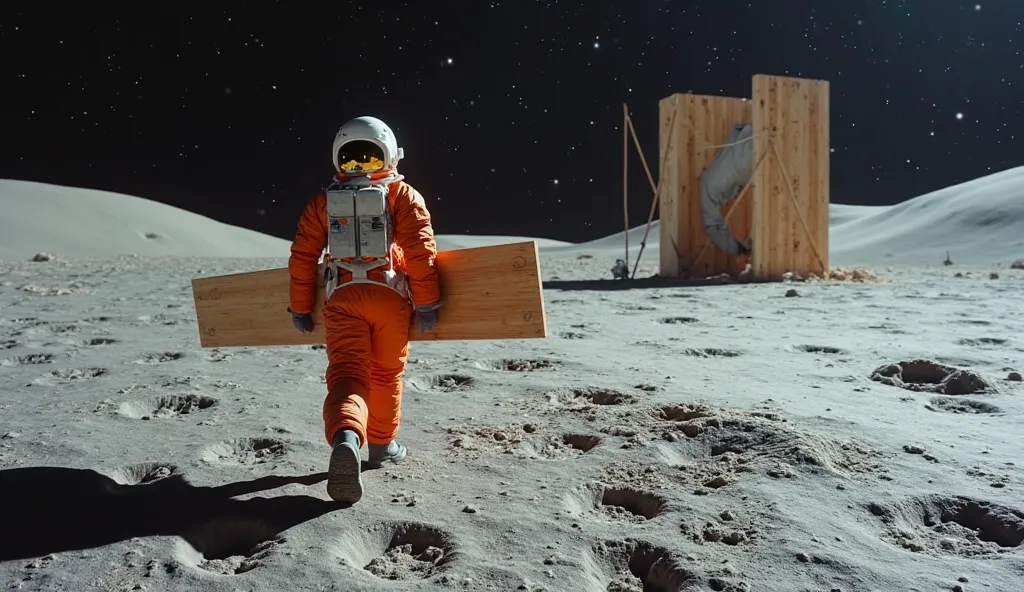 A wide shot of the astronaut walking slowly across the lunar surface, carrying a large wooden panel toward the structure. The panel is light-colored wood, slightly curved, and long enough to be part of a wall section. His orange NASA-style space suit contr...