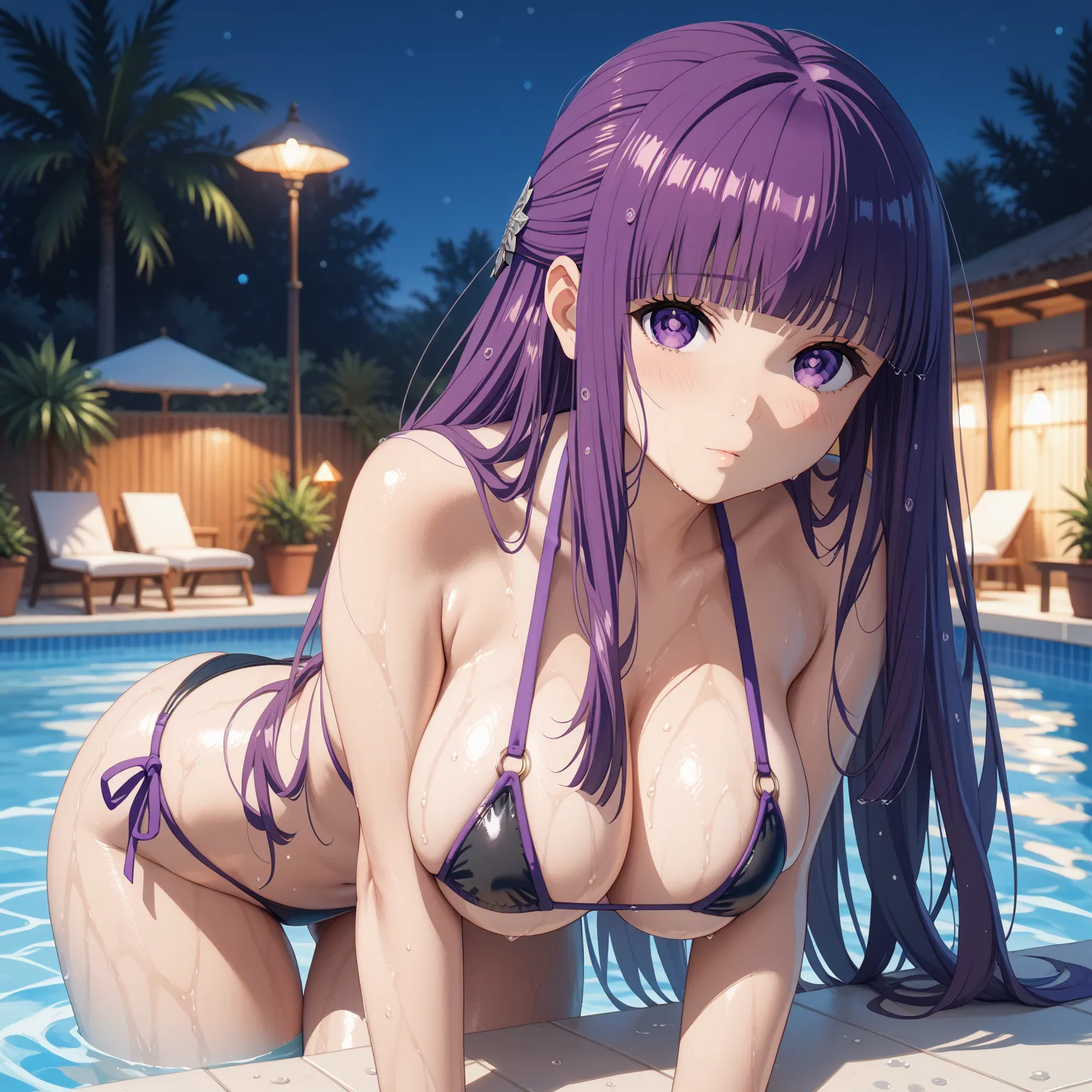 fern, 1girl, solo, long hair, bangs, purple eyes, purple hair, sidelocks, blunt bangs, bright pupils, half updo, large breasts, Black bikini with purple straps, Tempting body, glossy skin, glistening skin, Bikini Swimwear, Bikini bottoms, sexy pose, blush,...