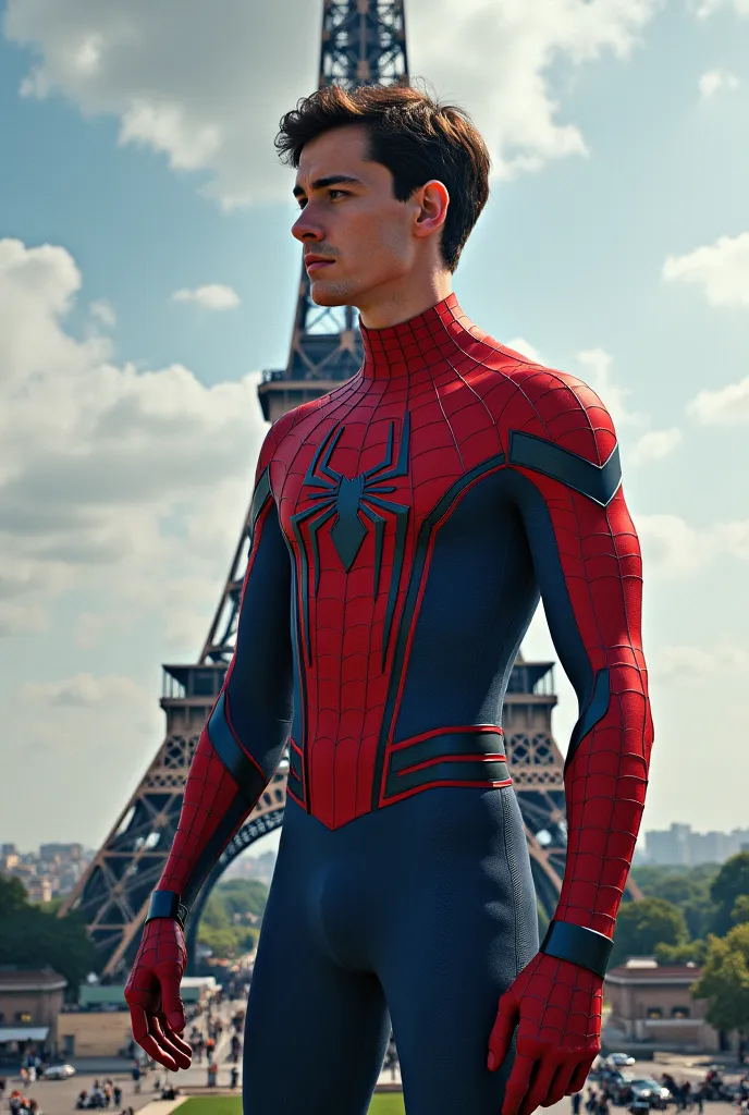 Create an image of Tom Hollend half of Spider-Man's Trage and His Majesty without, Na Ponta da Torre Eifeel