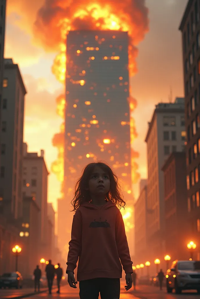 A girl who sees her friend destroy a building with buildings on fire behind it 