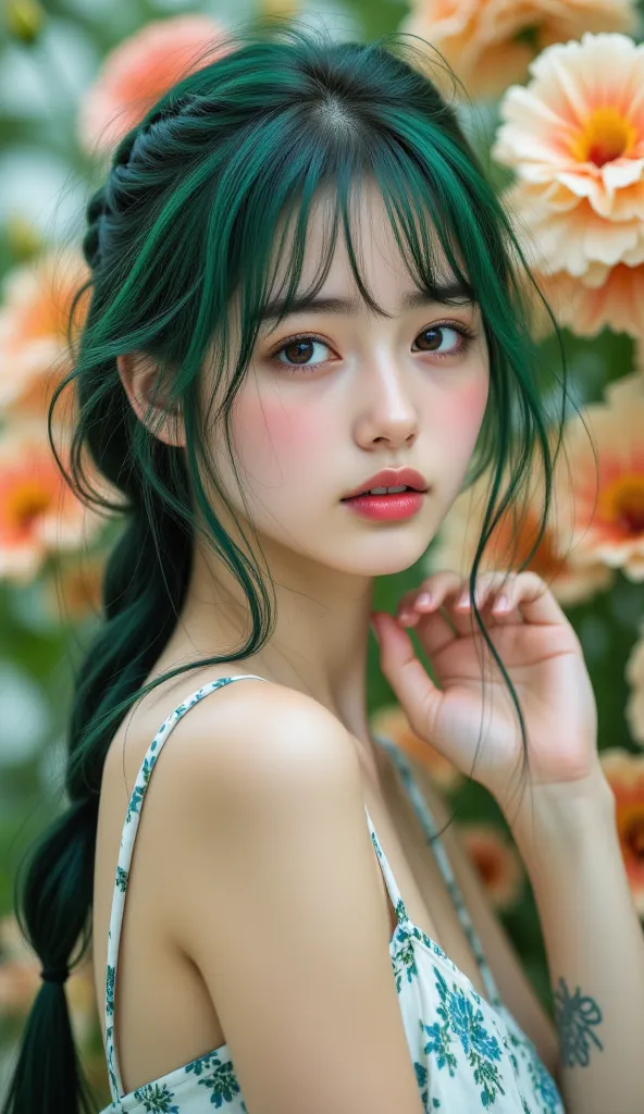 A 20-year-old Japanese beauty with smooth, glass-like skin, standing in a surreal garden where flowers bloom in impossible colors and shapes, her hair a deep, emerald green with strands that seem to shimmer like liquid, styled in a loose braid that cascade...