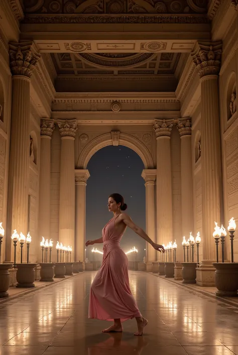 A nighttime scene in the hall of an ancient Greek palace, illuminated with torches. In the center, A woman is dancing. dancing like odalisca. The women wear light pink tunic.