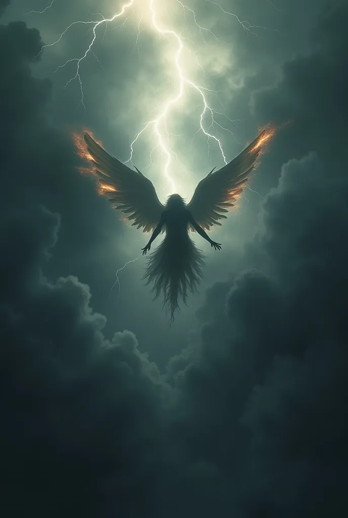 fallen Angel falling from the sky from dark clouds to hell