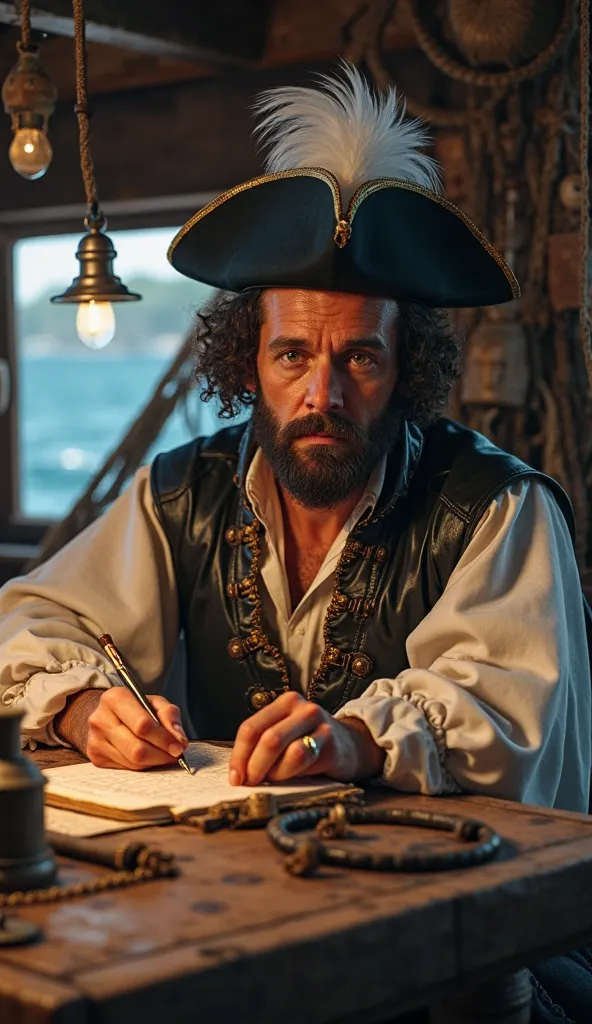 A cinematic portrait Hyperrealist Christopher Columbus from the 17th century writing in his navigation diary. He has a serious and determined expression, with a thick beard and curly hair . He wears a black tricorn hat with a large white feather, a white s...