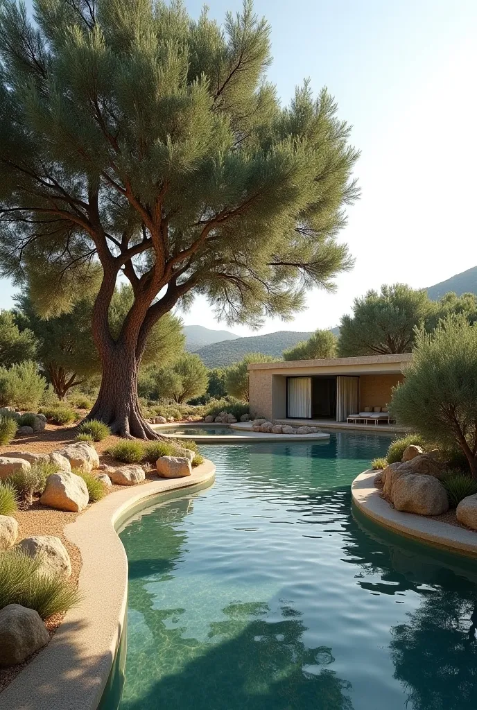 Make a project for a private biodesign with a pool and native plants. It will have to be located in Puglia, add an olive tree and natural rocks to the pool