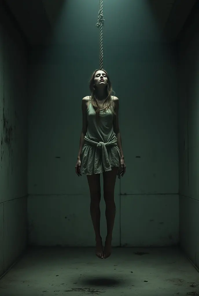 A dimly lit basement room contains a young woman tied up on the floor. Her face is pale, her eyes closed. Old, rusted chains hang from the ceiling, and strange symbols are scrawled on the stone walls, adding to the sense of mystery and horror.