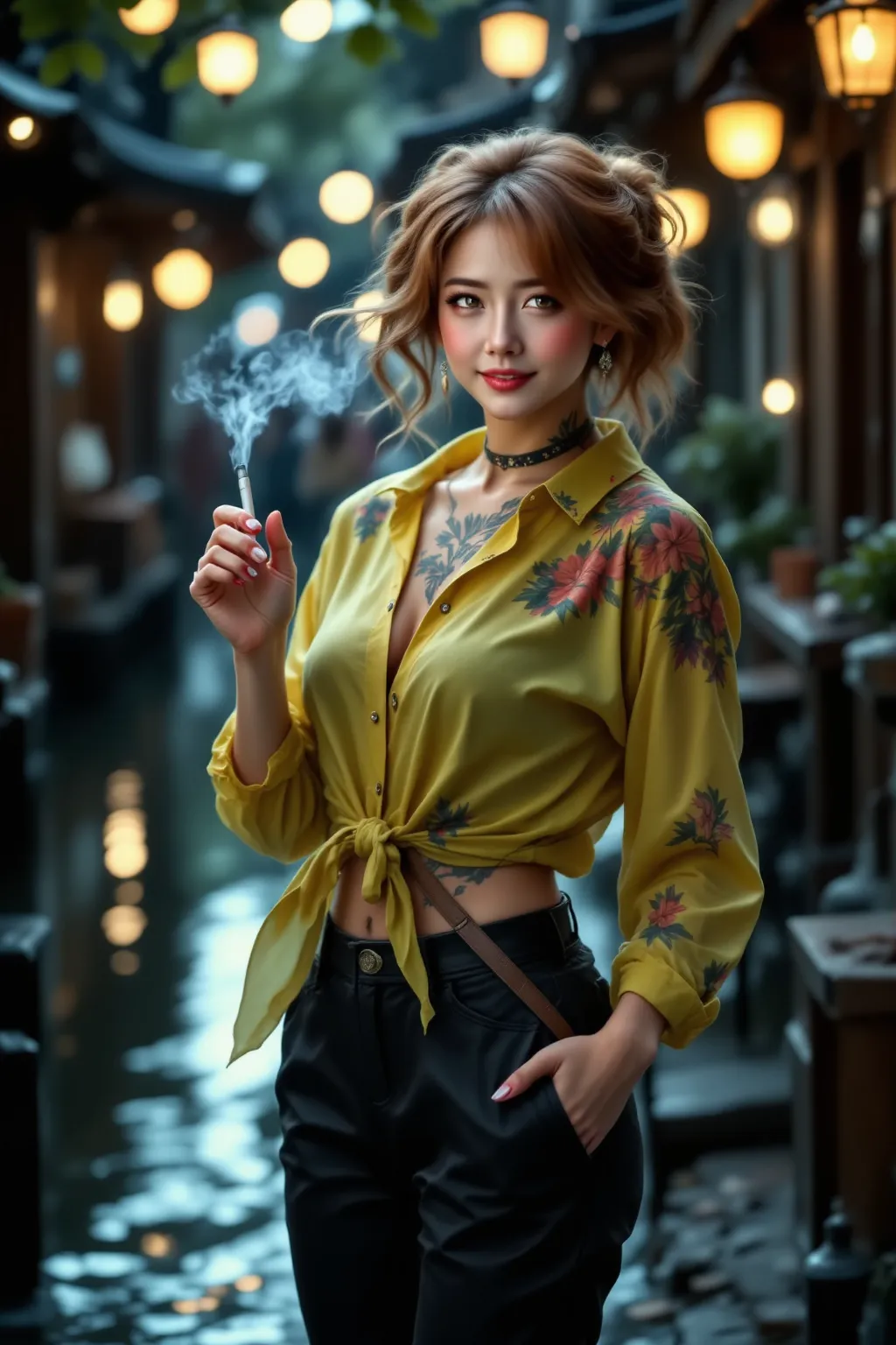 (((A beautiful, slender, slightly muscular woman with big curves),(I have a colorful tattoo, wear a tight yellow-green shirt, wear tight black pants, and wear black shoes),(With a smile))),She's smoking.This is the riverside where the festival is held , De...