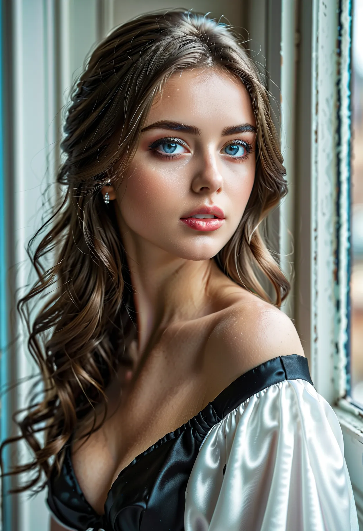 (  better quality, 4K, 8k, high resolution, Artwork: 1.2), (super detailed, realistic, Fotorrealistic:1.37)A young woman, Ice blue eyes captivating ,  wears an eye-catching black and white satin ensemble ,  stands in front of a window with an aura of tough...