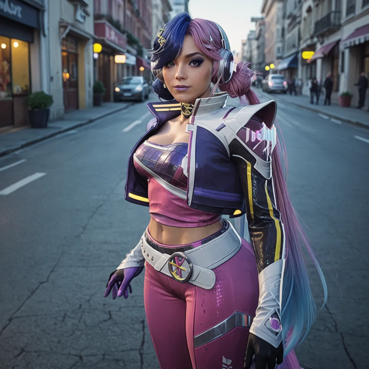 (Masterpiece), (expressive eyes), 1girl,standing, medium shot, cleavage, huge breasts, huge butt, city street,.,lun4m2099, 1girl, solo, gloves, purple hair, multicolored hair, belt, jacket, pink hair, long hair, headphones, blue hair, makeup, hair over one...