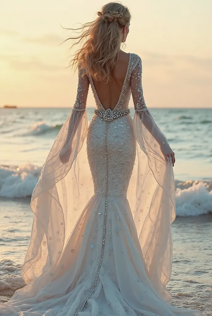 Create a mermaid-style wedding dress close to the body with V-neck sleeves, with a wide belt with gemstones 