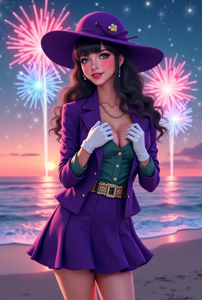 masterpiece, mini skirt,  the mouse egrets, Purple hat,  pinza , green ribbon, purple jacket,  white gloves,  belt, purple miniskit, upper body,  blushed, smile, looking at the spectator,  beach,  night, officer,  fireworks , hands to the chest