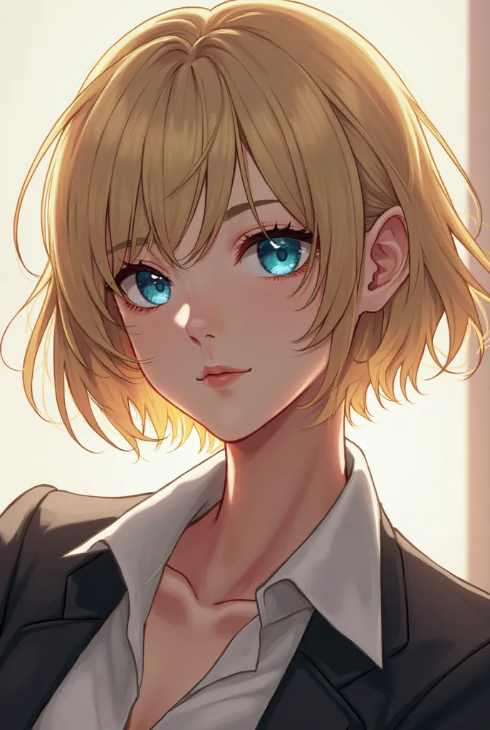 Adult anime woman with short hair with open blonde bangs, Blue eyes and serious