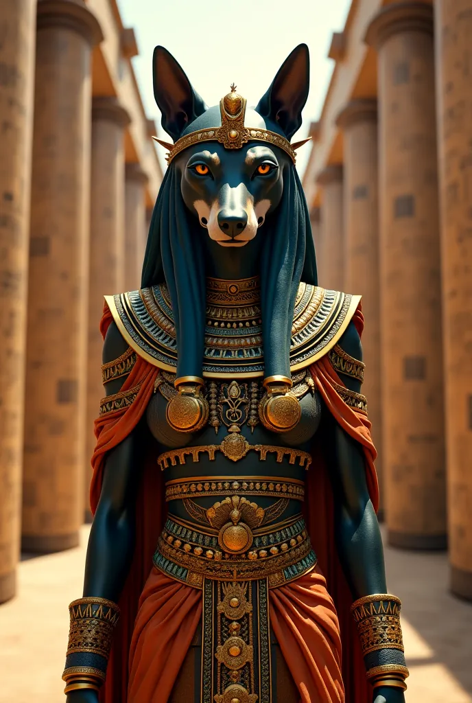  A picture of a pharaonic queen with a dog head wearing Pharaonic women's clothes wearing a golden crown with the word Samtiti