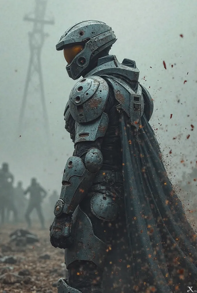 Create a boy and he should wear armor that is a mix of halo and domslayer style he should look with his head over his shoulder and he stands on a battlefield at the bottom of the picture should be written in a cool font Xivor the Night was standing he shou...