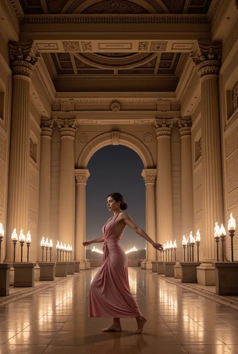 A nighttime scene in the hall of an ancient Greek palace, illuminated with torches. In the center, A woman is dancing. dancing like odalisca. The women wear light pink tunic.