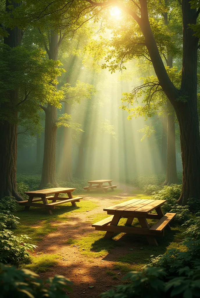 peux tu me créer une image avec un espace dans la foret ou il y aurai qq tables en bois style pic nic avec le soleil qui vient sur les tables