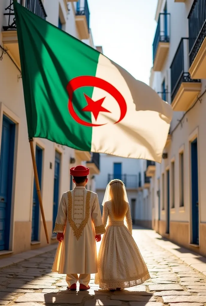 Algiers (Casbah) – The Golden Dragon Guardian

📍 Location: The narrow, historic streets of the Casbah, lined with white houses and blue wooden windows.
👶 Baby Bride & Groom:

Groom: Wearing a white and gold Bernous, embroidered with golden threads, with a ...