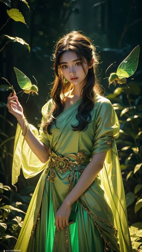 Full figure , seven -sticking shoot,   18 years old  , wearing a firefly outfit, beautiful faces, Details, hands, ultimate Details,   incredible beauty  ,   Pedaipan style  , fiber hair, glowing green firefly, glowing green firefly,