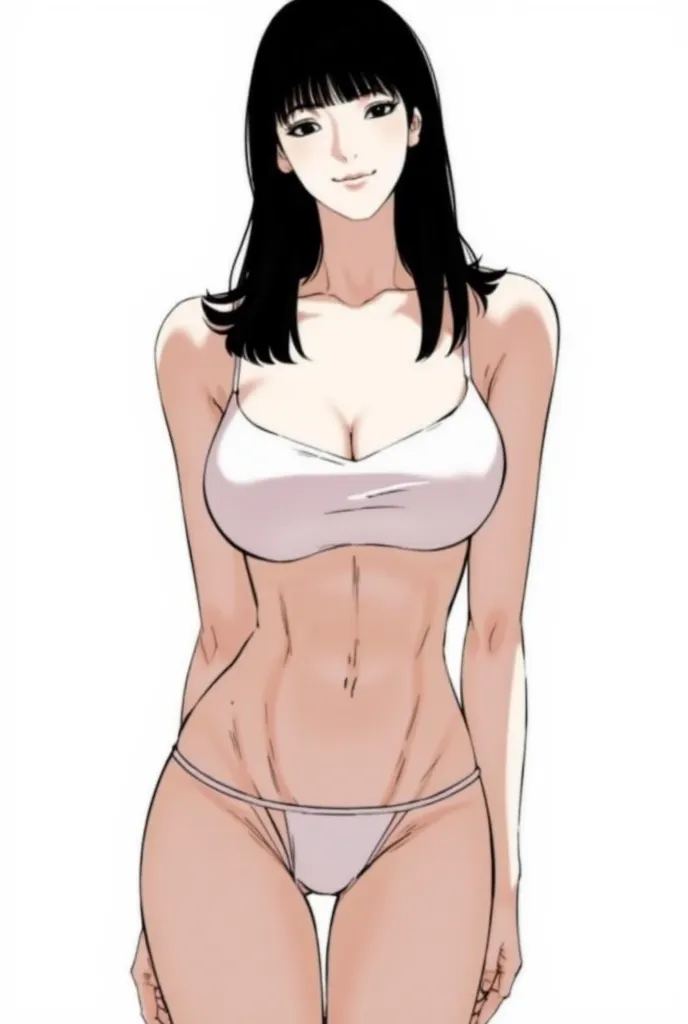 One panel from manga Lookism: 1 adult young woman,  Pandora ,  black hair,  Medium-length hair , Straight hair, Medium Hair, Open bangs, black eyes, Pale skin, Smiling face,  big chest, hip, Thigh, Light pink lips,  tall, slim, Cute white background