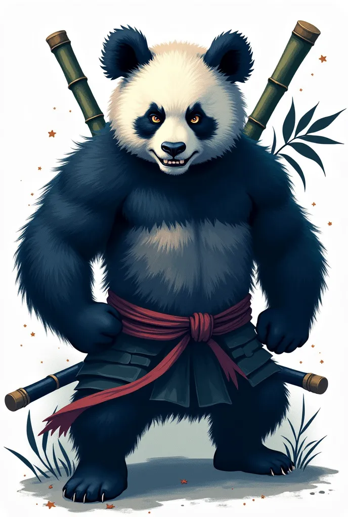 make an image of an angry panda, Muscular, with some bamboos behind the back,  in a samurai style, and adding some medium-dark blue colors. Design style with striking features. Make a panda on a white background