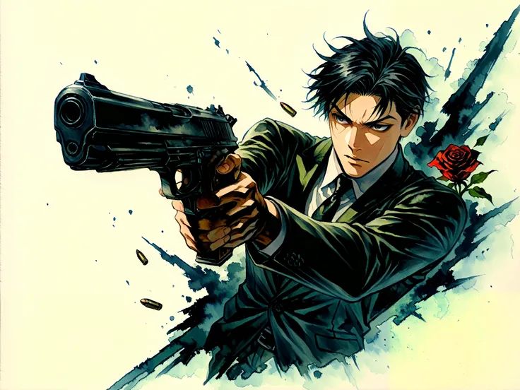 1boy ,weapon,alone,male focus,gun,traditional media,formal,suit,firing,necktie,handgun,marker (medium),black hair,holding gun,red rose,score_9,score_8_up ,(Bullet Time Dodge),(Western Gunman),aim and shoot at the counter,Age up ,(Bullets that grab the...