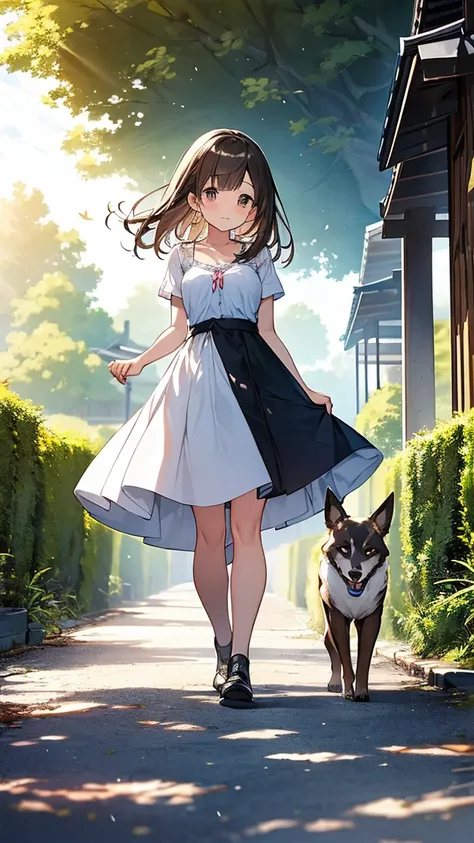 Top quality, masterpiece, ultra-high resolution, 8K. A beautiful young woman walking her dog on a sunny early summer day. The setting features a bright blue summer sky with soft clouds. She is wearing light, flowing summer clothes that move with the breeze...