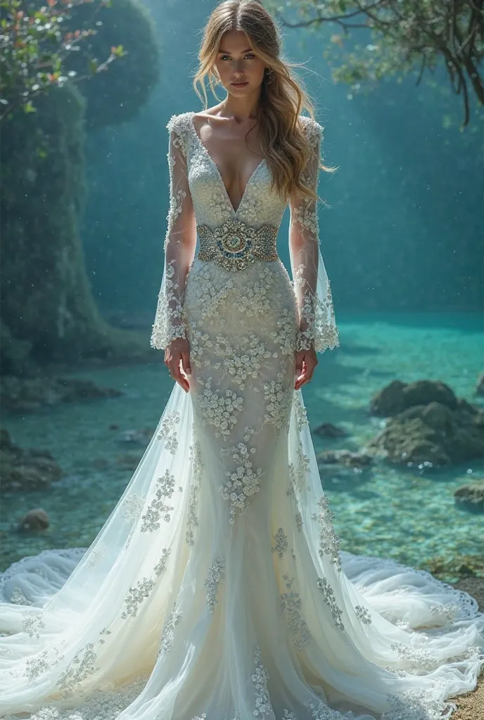 Create a mermaid-style dress for a wedding with a V-neck with sleeves and a wide belt adorned with gemstones 