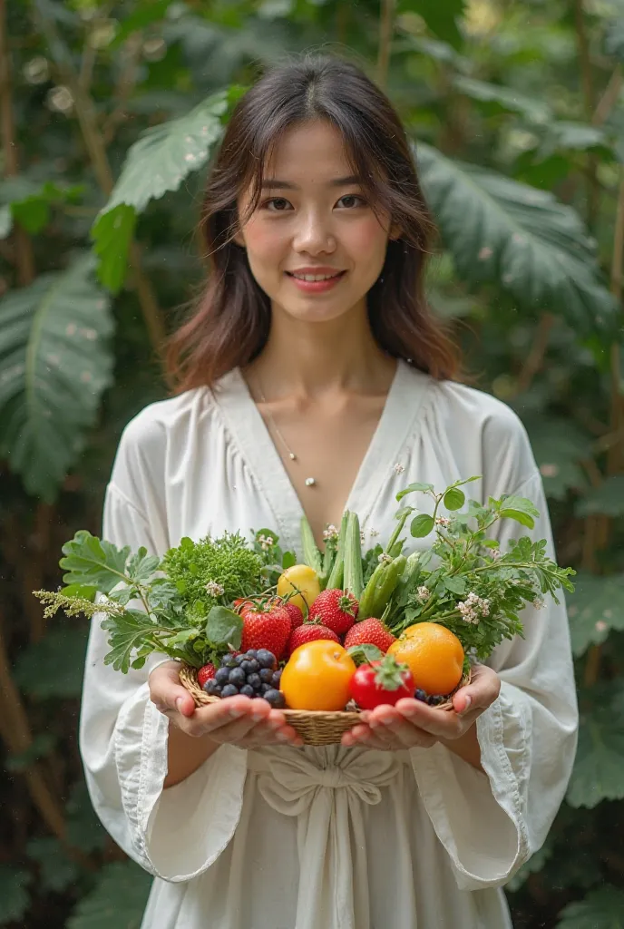 a woman in white clothes showing healthy food