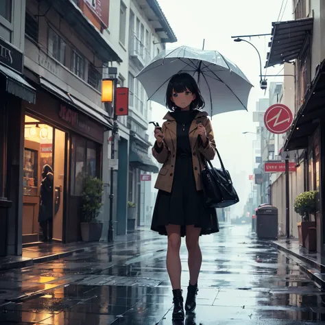 girl alone in town in the rain without an umbrella