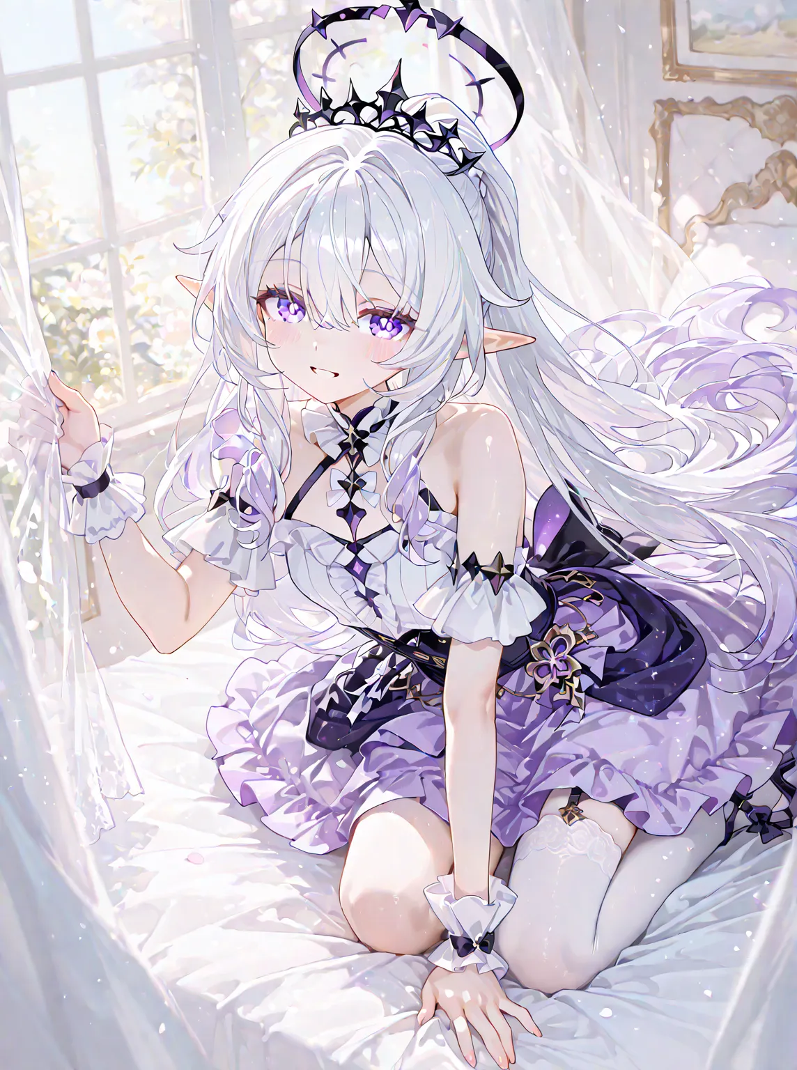 white skinned adult woman violet eyes, elf ears, bright white shoulder-lenght few wavy white hair and back long hair violet locks, She uses a black crown with purple little gens decals, purple and white barrette, a white dress with black ornaments details ...