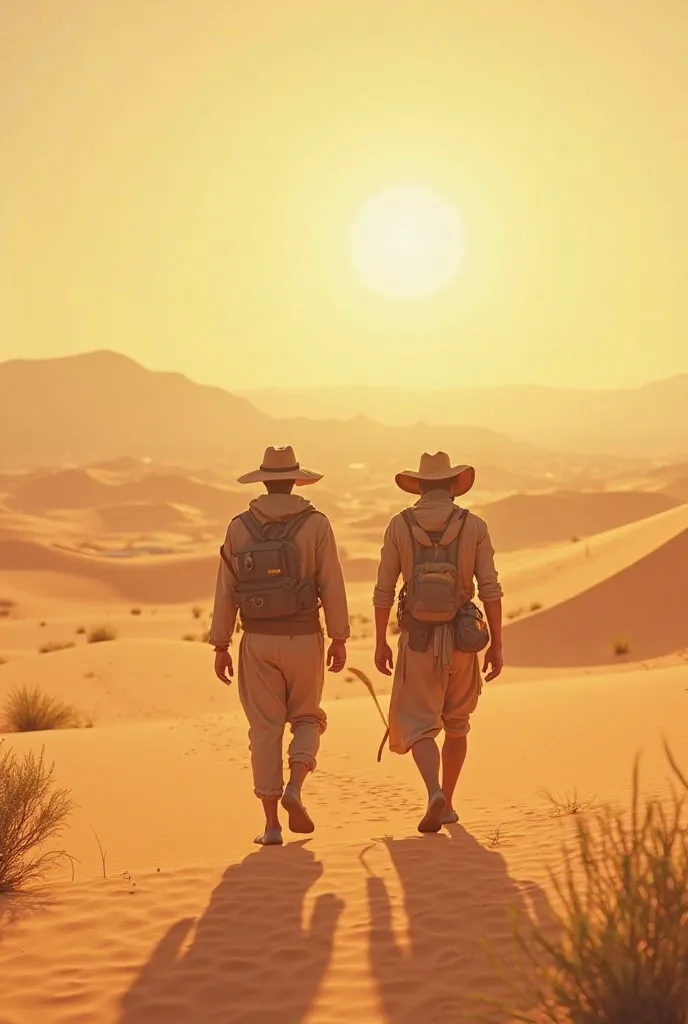 "A vast desert landscape with rolling sand dunes under a bright sun. Two young male friends, dressed in light desert travel clothes, are walking. 