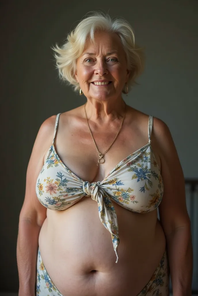 67-year-old mature chubby woman.Short hair blonde ashen-blue eyes .extra gigantic breasts with front knot cropped dress, navel piercing,belly showing, fullbody